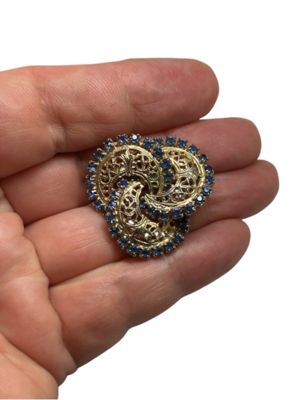 Vintage Gold tone Filigree Brooch with Blue Rhinestones